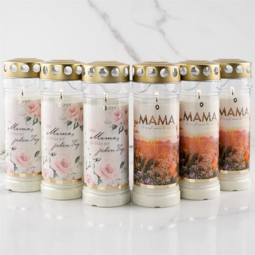 6er Set HOFER GRABKERZEN 7 Tage Brenndauer - Das Original [Mama Select] regenfest | Trauerkerzen mit Deckel | Grablicht, Friedhofskerze mit Motiv und Spruch | Kerzen für Grabdeko