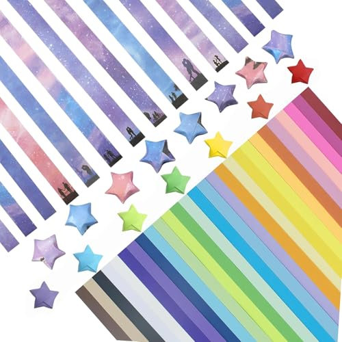 yivom 2160 Stück Origami Sterne Papier Papierstreifen, 27 Farben Sterne Papierstreifen und Sternenhimmel Muster Papierstreifen Zum Basteln, Star Paper Strips für DIY Handwerk, Dekoration