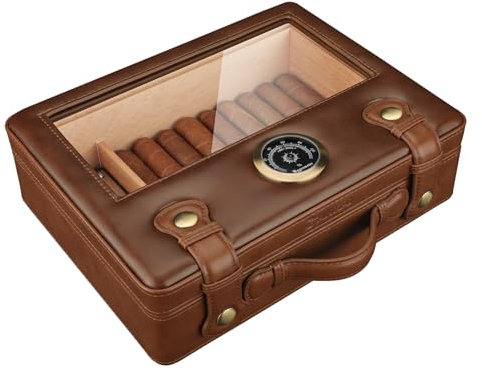 Humidor per Sigari, Accessori da Viaggio, Scatola Portasigari Portatile con Coperchio in Vetro, Igrometro con Umidificatore Integrato, Rivestimento Interno in Legno di Cedro per fino a 50 Sigari