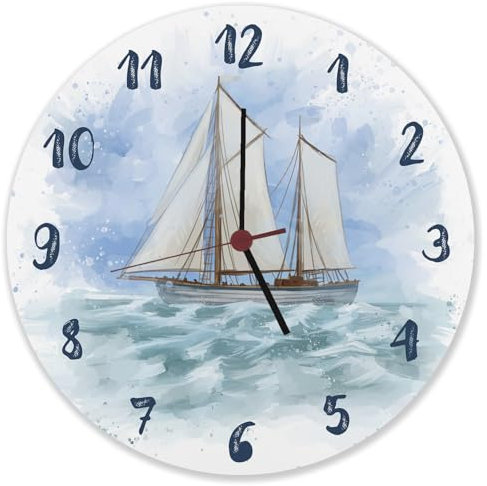 speecheese Segelschiff Wasserfarbenoptik Wanduhr aus Alu Schöne Uhr mit gemaltem Segelboot als Dekoration für das Boot oder Geschenkidee für Segler mit maritimem Motiv