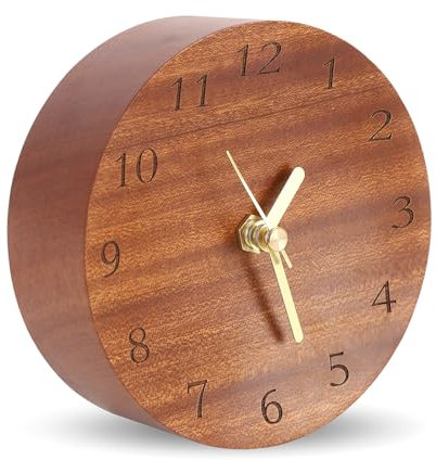 TEYCLZORE Wooden Desk Clock - 12cm Diameter Analog for Shelf and Table, Modern Silent Non-Ticking Battery Operated Mantel with Round Design for Office Home Decorative