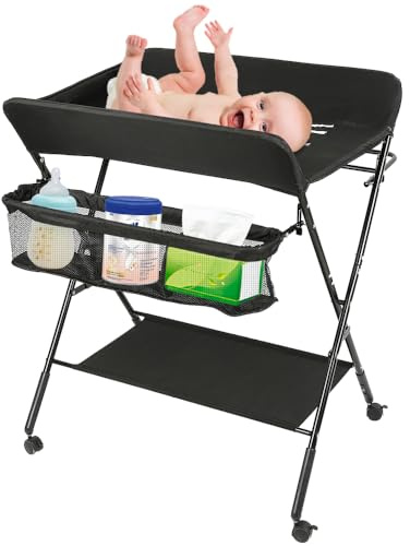 Table à Langer Pliante avec Panier de Rangement à Côté Structure en Fer Charge Max 25KG pour Nouveaux-Nés Design Ergonomique,80 * 66 * 98cm (noir)