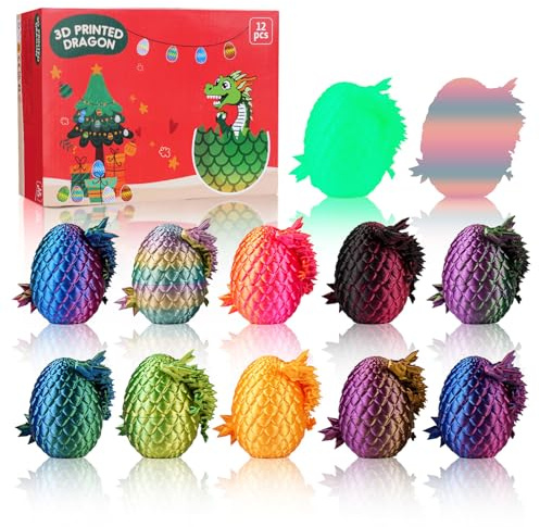 12PCS 3D Printed Dragon Eggs with Dragons Inside, Mini Dragon Egg Set, Articulated Crystal Dragons Fidget Toy for for Kids & Adults Gifts Christmas Ornament & Stocking Stuffers