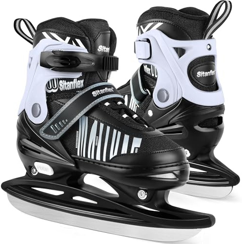 Sitanflex Boys Ice Skates, 4 Size Adjustable Kids Toddlers Hockey Ice Skates for Youth Teen, Beginners Winter Ice Skating Shoes, Recreational Kids Ice Skates for Boys Girls Aged 3-12, White