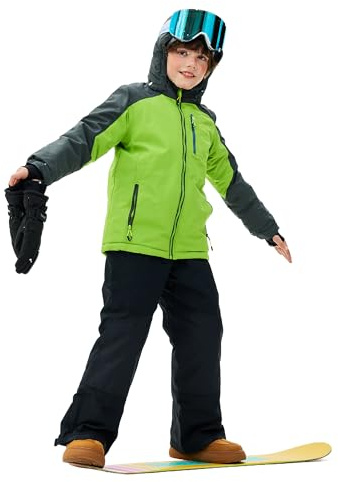SMONTY Girls Boys Ski Suit Kids Snowsuits Waterproof Snowboard Elastic Hood Jacket with Bib Pants, Windproof Winter Warmth(14 Years,Grass Green Gray)