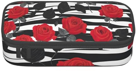 DDSFvbv Black White Stripes Red Rose Flowers Pencil Case - Student & Office Supplies - Item Storage Bag- Makeup Bag- Large Stationery Bag