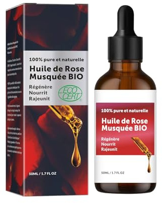 Huile de Rose Musquée BIO- 50 ML 100% pure et naturelle, pressée à froid, Soins Anti-âge, Peau, Cicatrice, Vergitures Cerfifiée ECOCERT