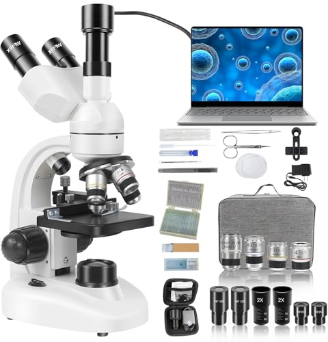 Microscopio Trinocular Compuesto con Ocular Electrónico, Ampliación 40X a 5000X Microscopio Profesional para Adultos, Incluye Oculares WF10X y WF25X, Platino Mecánico y 30 Cuchillas Preparadas