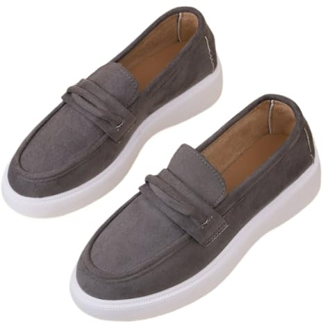 Bequeme Damen-Slipper aus Wildleder, niedriger Schnitt, lässiger Keilabsatz, Slipper, Penny-Loafer, Retro, runde Zehenpartie, leichte Mokassins, grau, 44 EU