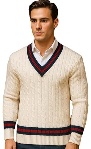 Mens Cable Knit Cricket Jumper Pullover Sweater – Comfortable, Warm, and Perfect for Everyday Wear,Classic,Soft Premium Fabric. (UK, Alpha, L, Regular, Regular, Cream)