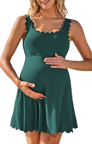 Charmo Maternity Swim Suit for Women 2026 Swimsuit Scalloped Pregnancy Bathing Suits Modest Breathable Quick Dry Green L