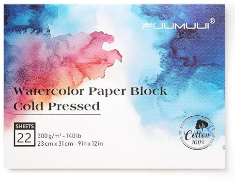 Fuumuui Watercolor Paper Block 9x12 Inch, 100% Cotton, 22 Sheets, Cold Pressed, 300gsm/140lb, Acid-Free, All-Purpose Block for Watercolor & Gouache