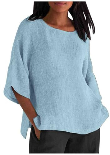 uxxnjfg Haut Femme Chic Et Elegant Tee Shirt Lin Fluide Tshirt Couleur Uni Classics Col Rond Vetement Été Tunique Manches 3/4 Chemisier