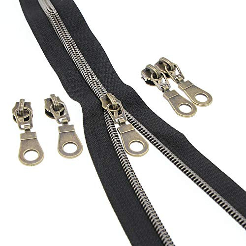 #5 Metallic Nylon Coil Zipper by The Yard, Bulk 10 Yards Black Tape Antique Brass Teeth with 25PCS Zippers Pulls for Sewing, Bags, Purses YIGUANXIN