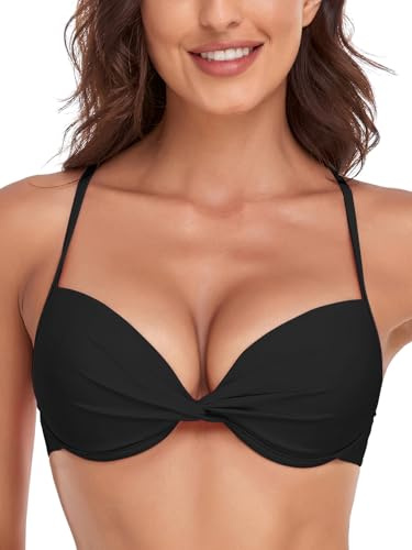 Colloyes Women's Push Up Bikini Top Twist Front Underwire Molded Soft Pads Vintage Bikini Swimsuits Tops Black Size Small