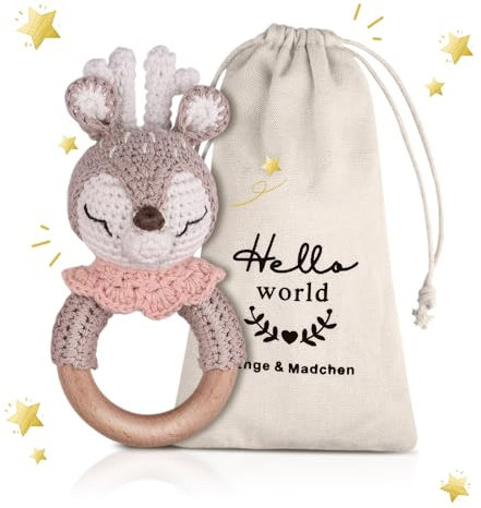 Gehäkelte Babyrassel - Häkeln Holz Greifling Handmade geschenk zur geburt Mädchen und Junge Geschenk zur Geburt babygeschenke zur geburt mädchen (Khaki Elk)