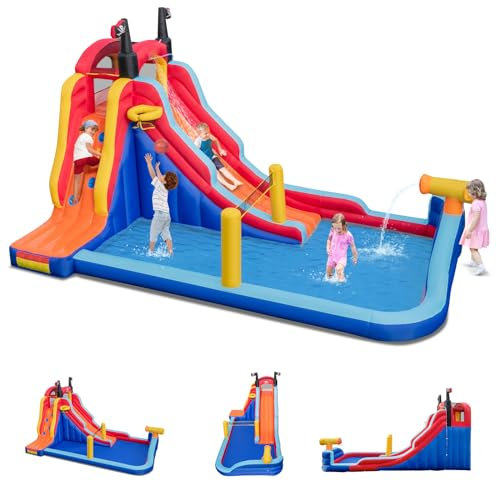 GOPLUS Grand Château Gonflable avec Toboggan, Panier de Basket, Murs d’Escalade et Piscine, Maison Gonflable avec Gamme Complète d'Accessoires, Parc Aquatique pour Enfants de 3 à 10 Ans
