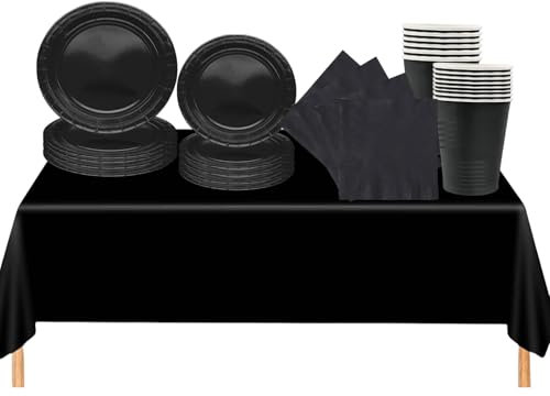 69 Pezzi Set Stoviglie per Feste Nero,Piatti Tazze Asciugamani di Carta Tovaglia Plastica Stoviglie Monouso Biodegradabili,Decorazione Desktop per Feste di Compleanno,Picnic,Baby Shower