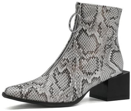 Botas de Tobillo de tacón Grueso con Cremallera Frontal y Punta Cuadrada para Mujer,Botines Chelsea de Piel de Serpiente de Moda,Bota Occidental de Fiesta Plateada clásica,Snake,38 EU