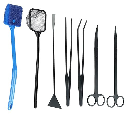 Set di attrezzi per acquario, 7 in 1, per acquario, in acciaio inox, forbici e pinzette, spatola, set di strumenti per la pulizia di pesci e piante acquatiche