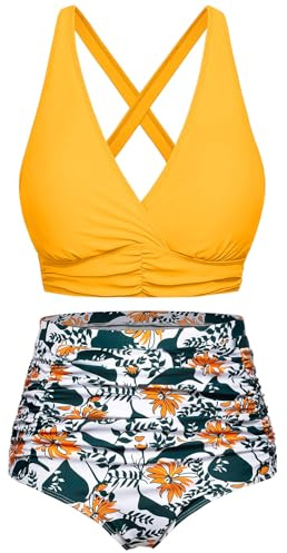 Svanco Maillots de Bain Femme Deux Pièces Gainant Ventre Plat Taille Haute Ensembles avec Attaches Bikini Set Push Up Col V Élégant