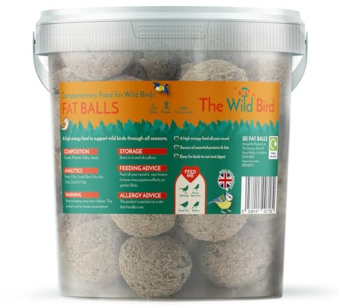 The Wild Bird - 50 Standard Suet Fat Balls, 4kg Tub - High Energy Bird Feed Made with Human Grade Beef Tallow - All-Season Fat Balls for Wild Birds - Attracts a Variety of Garden Birds