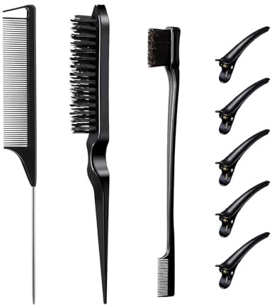 Lxtness 8 Pcs Slick Brush Set, Plastic Bristle Hair Brush Teasing Comb Edge Hair Brush Teasing Brush Set, Rat Tail Comb Double Sided Edge Brush, for Hairdresser Women (Black)