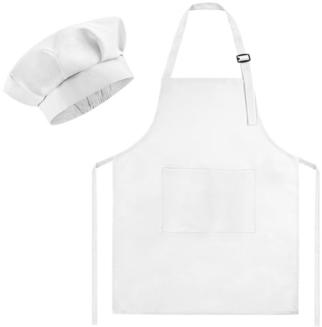 Morcheiong Set di cappello da chef e grembiule, regolabile, bianco, grembiule da pittura e cappello da chef con 2 grandi tasche per bambini, per cucinare, dipingere, fare attività di cottura, bianco,