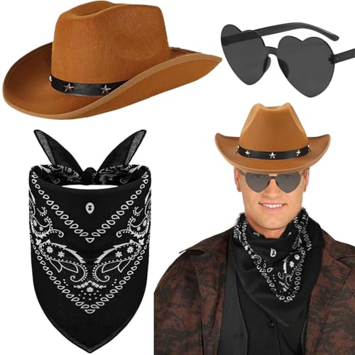 Saier tbo 3Pcs Cowboy Hat Accessories Set, Unisex Western Cowboy Fancy Dress with Wide Brim Hat Paisley Bandanna Heart Shape Sunglasses for Adult Cosplay Masquerade Halloween Parties