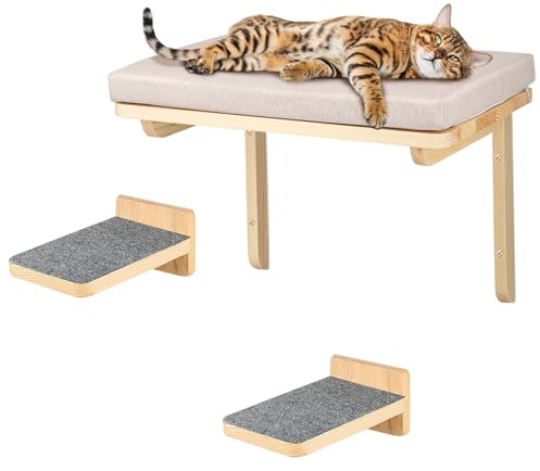 Kletterwand Katzen, Katzen Wandliege mit 2 Treppen, 40x30cm Liegefläche, Abnehmbarer Bezug, Holzrahmen, Bis 25kg, Katzenmöbel