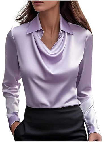 Blusas de Mujer Elegantes,Camiseta Manga Larga Mujer de Satén Color Sólido Moda Suelto Cuello Abierto Tumblr Tops Casual Fiesta Versátiles T-Shirt Camisa Original Otoño Invierno Basic tee