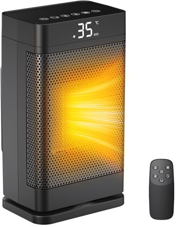 Calefactor Termoventilador de Baño 1500W, Compacto Calefactor Eléctrico de Bajo Consumo, Mando a Distancia y Pantalla LED, 70°Oscilación, 3 Modos & ECO, Apto Interior