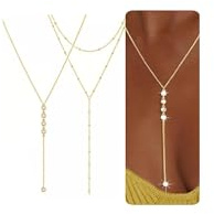 2 Pièce Collier en Y Femme Long,Sautoir Plaqué Or Élégant avec Zircone Cubique,Collier Doré Décolleté Plongeant, Chaîne Longue Multi-Rangs en Doré,Bijoux Tendance et Minimalistes pour Femmes et Filles