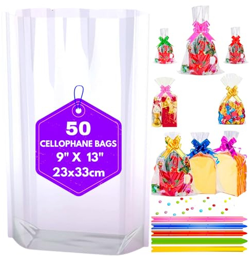 MAARA Cellophane Bags, Pack of 50 (9X13/23X33CM) Medium Clear Sweet Bags, Food Safe Cookie Bags With Bows, Treat And Party Bags For Mugs, Flat Bottom Plastic Cellophane Gift Bags