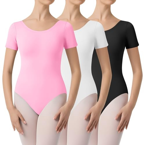 JoyMotion 3 Pack Women's Classic Short Sleeve Dance Leotards Gymnastics Ballet Costumes Crew Neck Basic Adult Bodysuits(Black, White, Pink,Small)