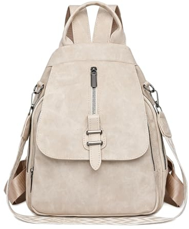 Mjuk PU Convertible ryggsäck Lätt Multi ficka Casual Daypack Satchel väska,Beige