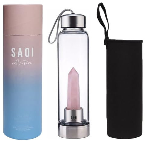 SAOI Kristall-Wasserflasche – Rosenquarz-Edelstein infundiertes Elixier – natürliche Wellness-Heilung – Glas/Edelstahl