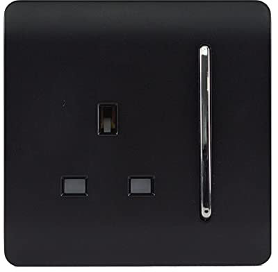 Trendi 1 Gang Raised Artistic Modern Glossy Screwless 13 Amp Single Pole with Chrome Switched UK Standard Electrical Double Wall Plug Socket in Matt Black - ART-SKT13MBK
