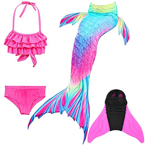 NAITOKE meerjungfrauenflosse mädchen Badeanzug - Meerjungfrau Flosse Bademode mit Bikini Set und Monoflosse Mermaid Tail, 4 Stück Set