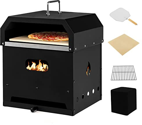 COSTWAY 4-in-1 Pizzaofen, Outdoor-Grill, holzbefeuerter Pizza Ofen mit wasserdichter Abdeckung, Pizzastein, Pizzaschaufel und Grillrost, tragbarer Gartenofen für Garten, Camping, Party
