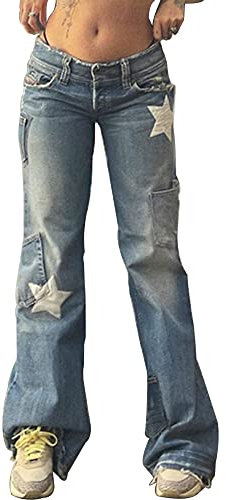 DINGJIUYAN Y2k Vintage-Jeans für Damen, Taschennähte, gerader Stern, Denim-Hose, weites Bein, niedrige Taille, Streetwear-Jeans, a, M