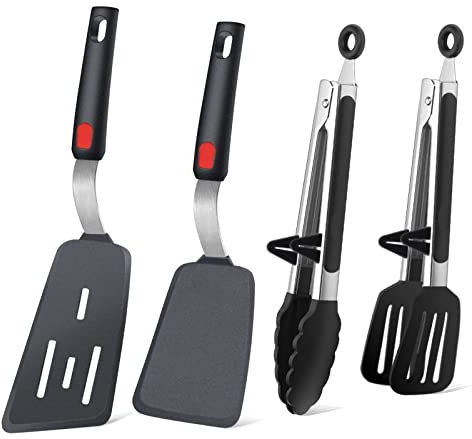 4PCS Flexible Silicone Spatula Turner Set and Kitchen Food Tongs with Silicone Tips, 600F Heat Resistant, Ideal for Flipping Eggs, Fish, Burgers, Pancake and Strong Grip on Salads, Pasta, Steaks, BBQ