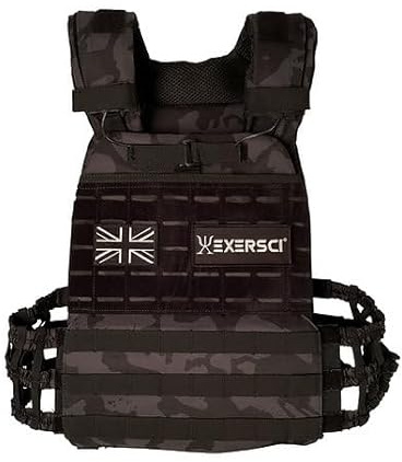 Exersci® Tactical Weighted Vest (1.5kg - 23.5kg) - Calisthenics, Bodyweight Workouts, HIIT, Cardio & Strength Training (10kg Vest (Vest + 2 x 4.25kg Plate), BLACK CAMO)