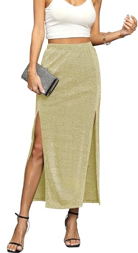 Missufe dam maxikjol lång pennkjol sommarkjol med slits kjolar elegant festkjol med hög midja, Guld, L