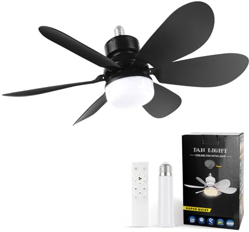 We Charger Socket Fan Light, Light Bulbfan with Remote Dimmable, 20.5IN for Garage Kitchen Balcony Living Tools Store Laundry Room (Black)