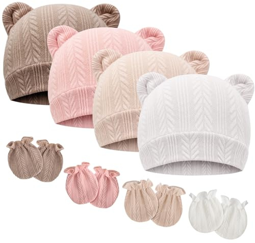 DRESHOW Bonnets de Naissance et Moufles de Protection Bébé Gants Bonnet Nouveau-né Bambin Doux Mignon Tricoté Chapeau 0-6 Mois, Taille Unique,4 Sets: Bear Ears Hats & Mittens 01UK