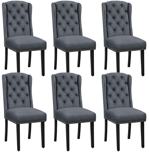Yaheetech Upholstered Dining Chairs Set of 6 Button Tufted Kitchen Chairs with Solid Wooden Legs for Dining Room, Living Room, Deep Grey