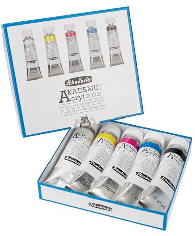 Schmincke - AKADEMIE® Acryl color, Primär-Kartonset mit 5x 60 ml-Tuben Grundfarben + Schwarz + Weiß, 76776097, feine Künstler-Acrylfarbe, brillant, hoch lichtecht und kadmiumfrei