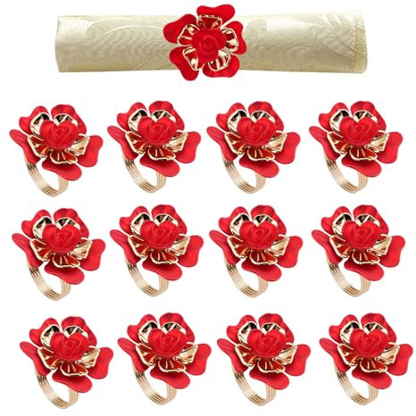 SITAKEGS Anelli Tovaglioli Forma Rosa, 12PCS Fibbie per Tovaglioli a Forma di Fiore Anelli Porta Tovaglioli a Forma di Rosa Rossa per il Ringraziamento, Natale, Anniversario di Matrimonio, Festa