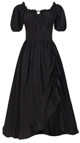 Robe de Renaissance pour femme - Corset cottage - Volants - Avec poches - Robe victorienne - Jupe de sorcière gothique - Robe de mariage médiévale - Carnaval, Noir , L